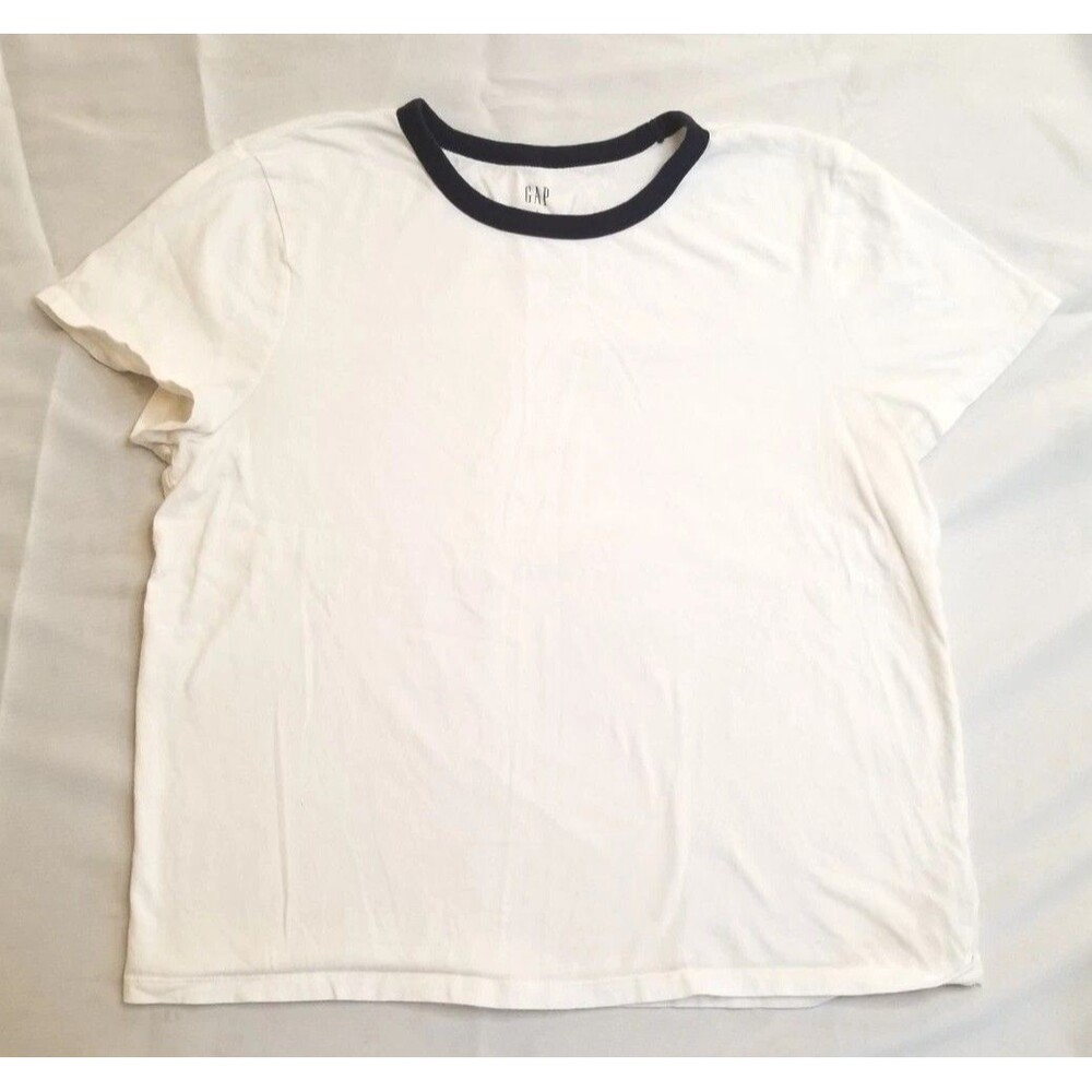 Gap Classic Ringer T-Shirt Womens L White Blue Retro Normcore Minimalism Preppy